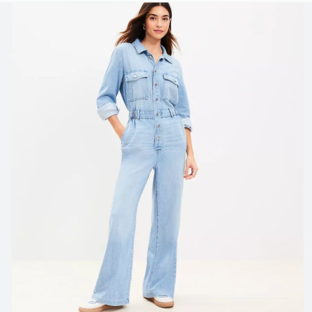 LOFT Classic Blue Denim Full Length Jumpsuit in Vintage Wash Size M NWT